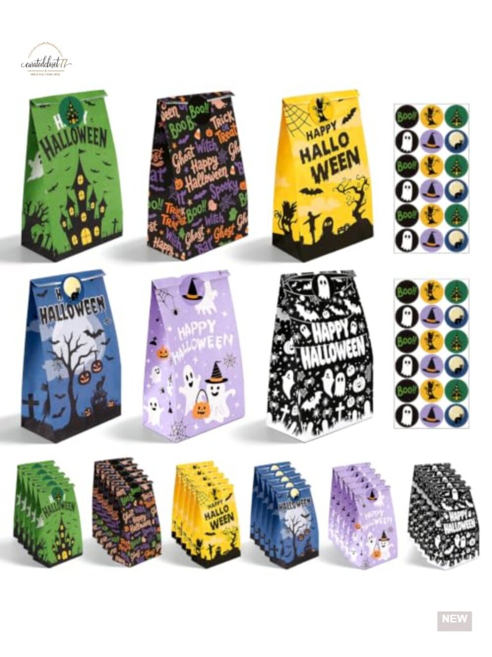 36 Halloween Treat Bags with Stickers - Paper Goodie Party Favors